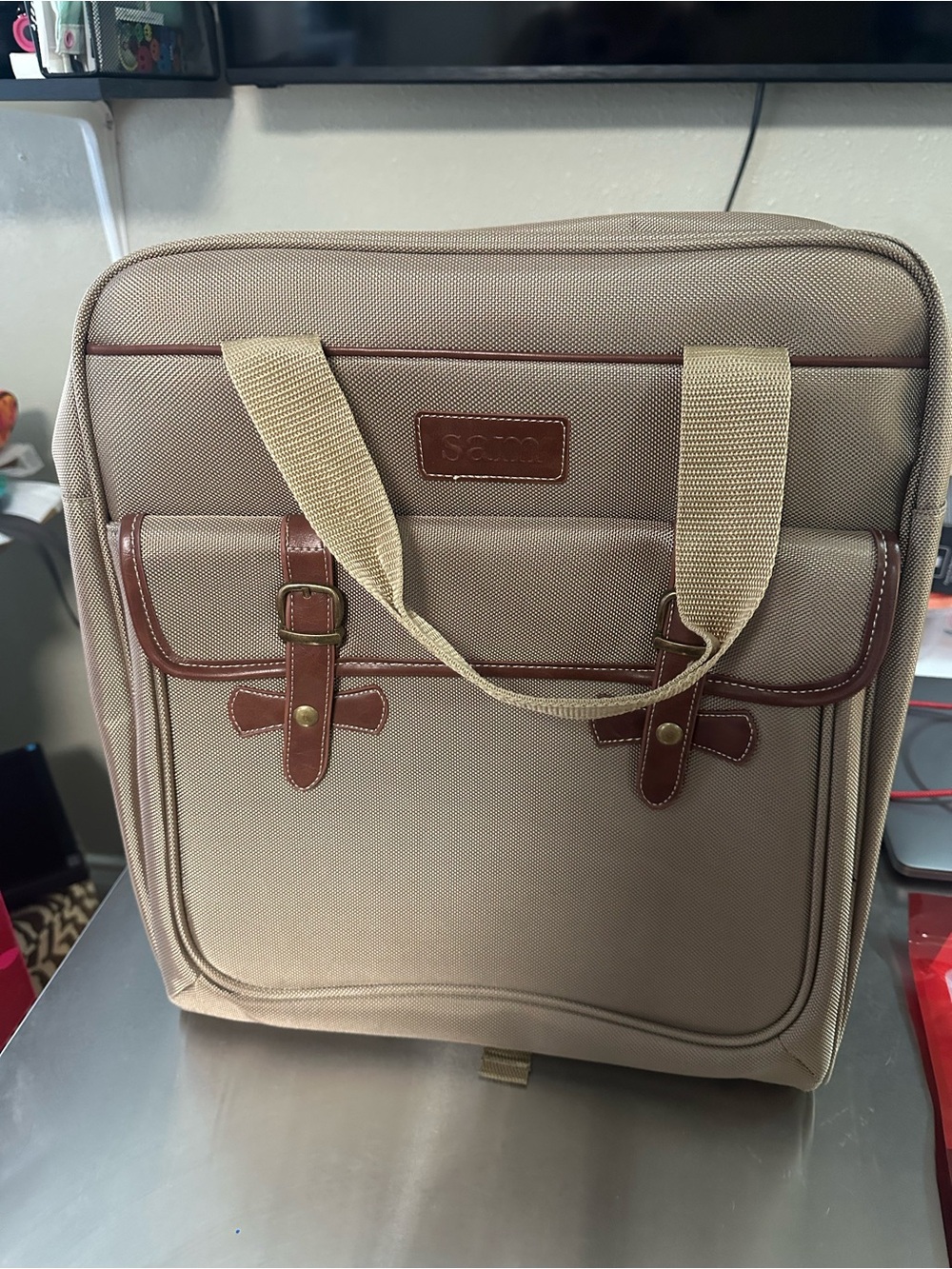Samar Beige Canvas Travel Tote with Brown Trim